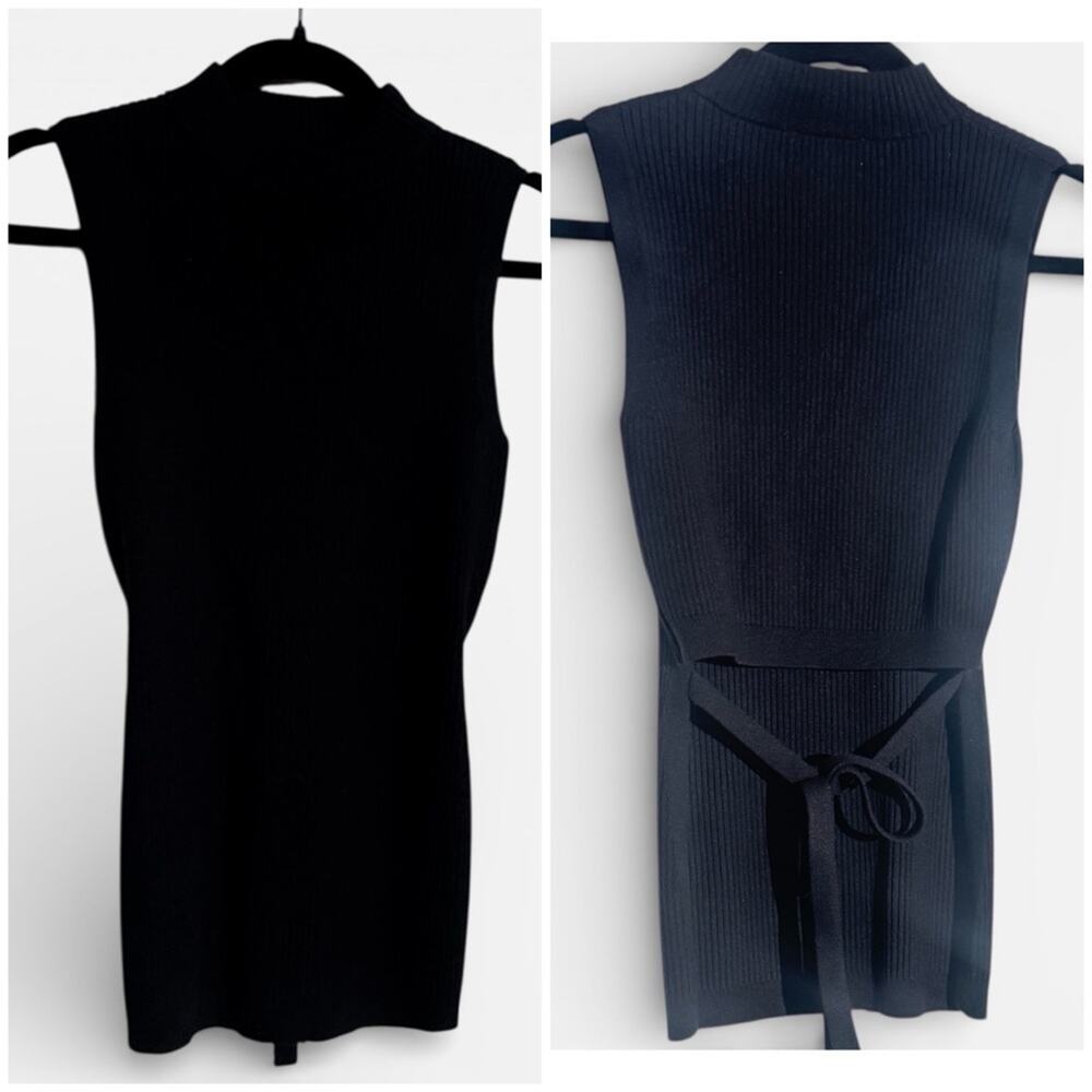 Open Edit black ribbed sleeveless turtleneck with open tie back, XS